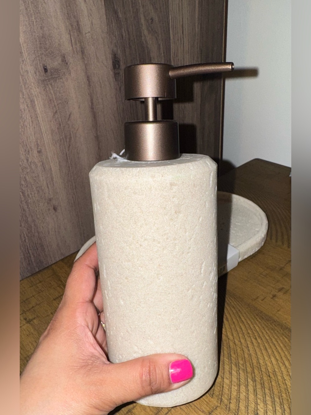 Neutral Stone Bath Accessory Set w/ Pump Dispenser, Vanity Tray, Stone Tumbler - Picture 5 of 9